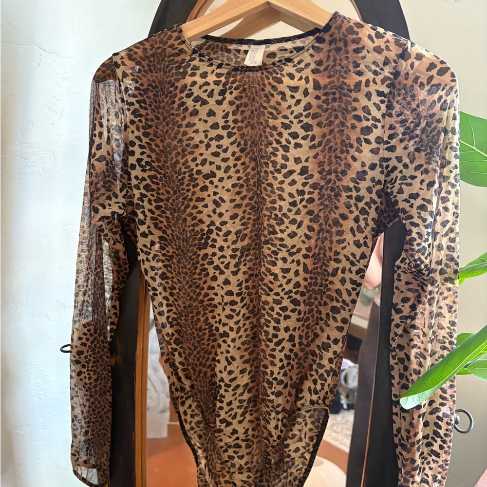 Sheer Leopard Print Long Sleeve Top - Brown